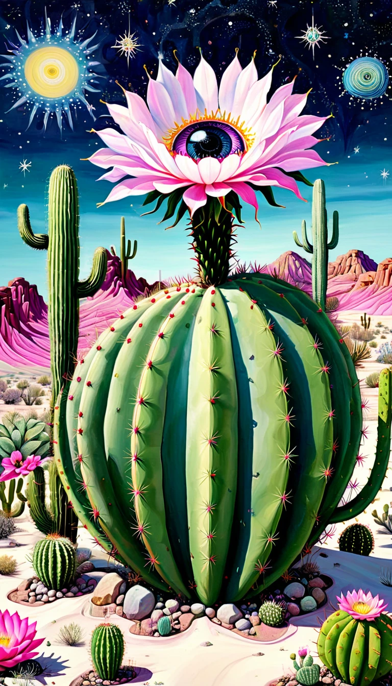 "Dick Ellescas Artist Style" Wide Desert,cactus,plant,flower,Tentacles,Eye、Starry Sky,Stitching together an abstract painting,Describing the inner world of autistic people,Sense of space,White Space,interesting,Innocence,Psychedelic Art,Pink theme