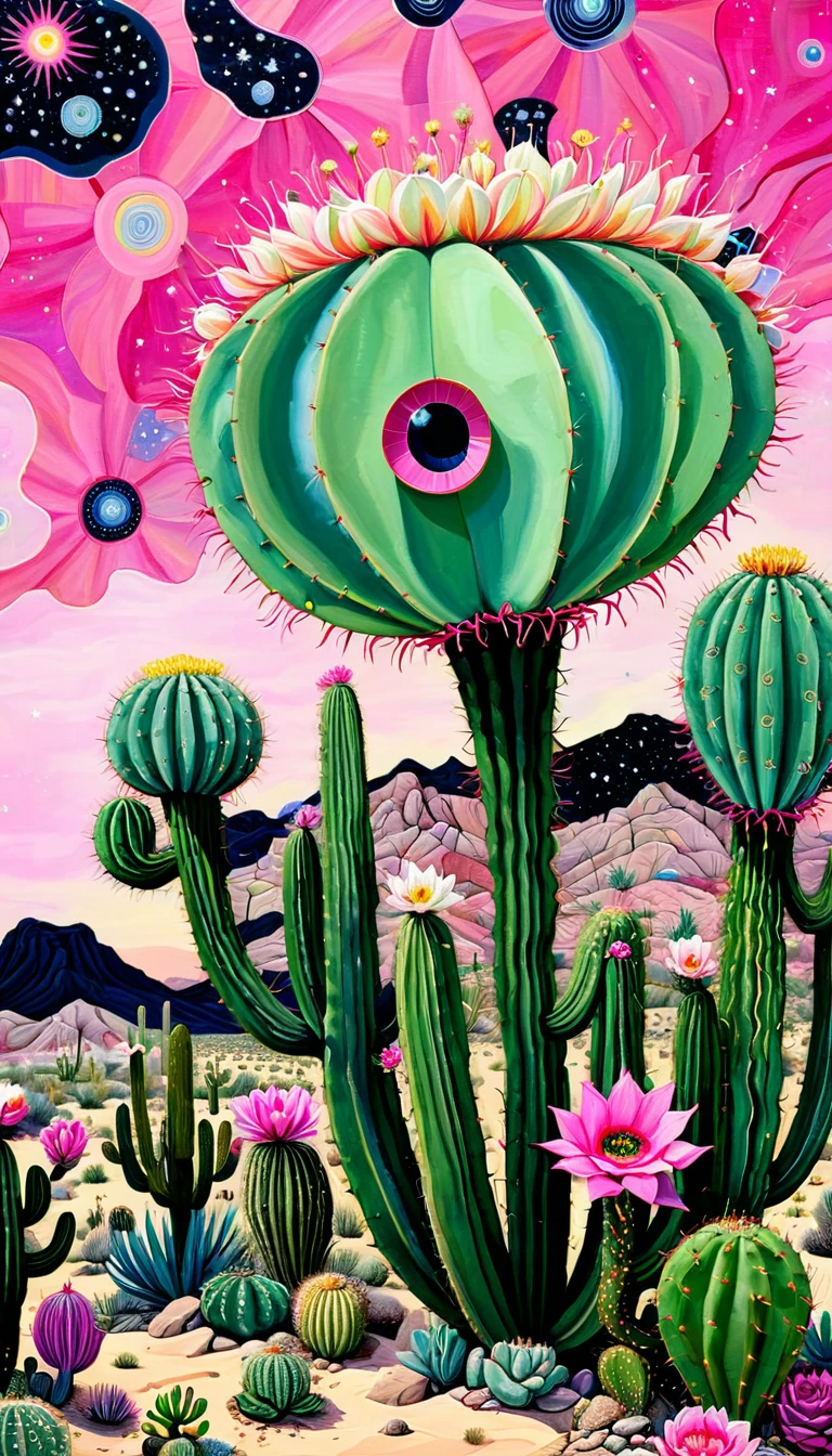 "Dick Ellescas Artist Style" Wide Desert,cactus,plant,flower,Tentacles,Eye、Starry Sky,Stitching together an abstract painting,Describing the inner world of autistic people,Sense of space,White Space,interesting,Innocence,Psychedelic Art,Pink theme