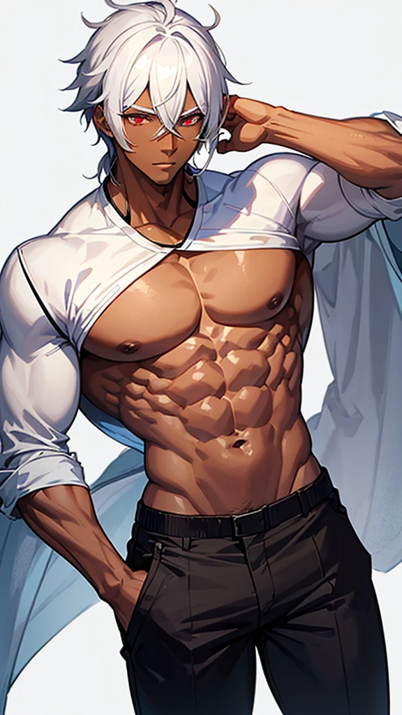 Handsome Anime male dark skinned that has buff with shirt with pants and he has white hair with red eyes. 