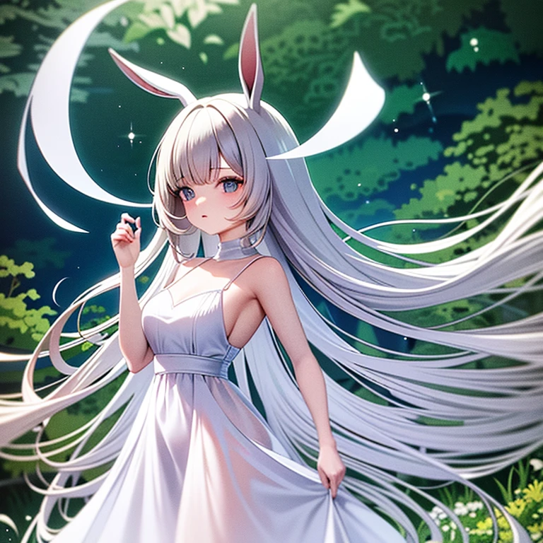 ​masterpiece:  Alice, in the middle of the forest wearing a long white dress, Delicate and graceful, dancing, swirling around, in the moonlight, lovely gaze, with bunny ears, best qualityer, 8K, anime styling
