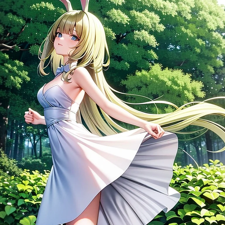 ​masterpiece: Teen Alice, in the middle of the forest wearing a long white dress, Delicate and graceful, dancing, swirling around, in the moonlight, lovely gaze, with bunny ears, best qualityer, 8K, anime styling
