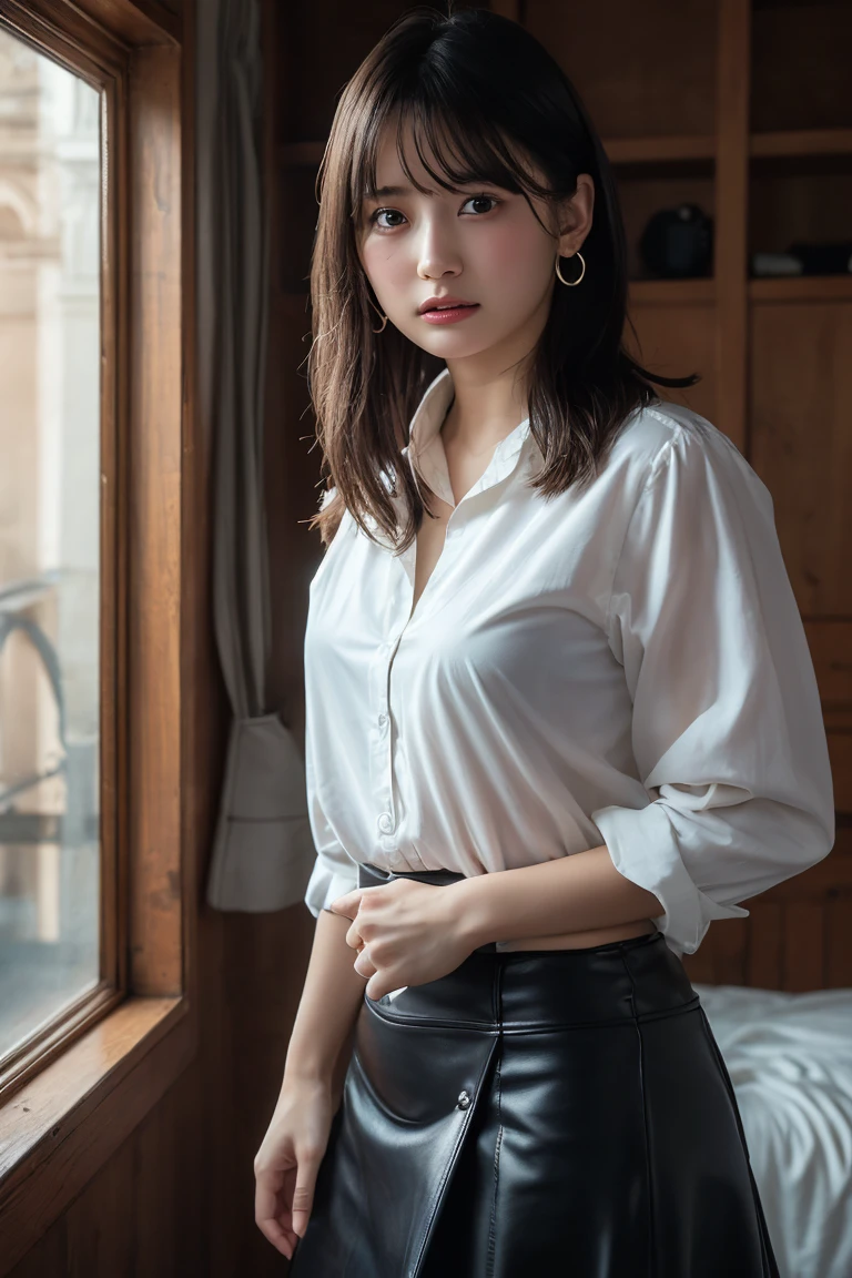 (Highest quality:1.4),(masterpiece:1.4),(Realistic:1.4),(Realistic:1.2),(超High resolution, RAW Photos:1.4),(High resolution, Ultra-detailed:1.2),(8K:1.2),View your viewers,Cinematic photography,One girl,skeletally correct,Black-haired woman,(Small earrings,necklace,A long leather skirt that fits perfectly to the body line,Beautiful body lines),(Western-style building interior,Dimly lit room,The lamplight shines on my cheeks)