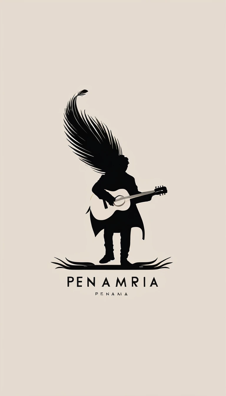 A minimal, modern, simple, cinematic, minimalistic logo design for the brand “Penamemoria". The logo design must be a simple, magical feather and a boy running and holding an acoustic guitar. The logo must convey a sense of music, stories and dreams. Logo design impressed on a book cover. Minimalistic logo