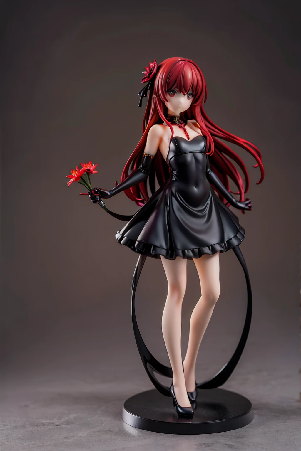 (Best Quality, Masterpiece:1.4) , detailed background, detailed eyes, 1girl, solo, sidelocks, (dark red hair, glowing dark red eyes, long hair:1.4), long dress, dress, standing, jewelry, necklace, (elbow gloves:1.3), (lady, adult woman, adult, mature female, mature:1.4), petals, hair flower, dark, sky,  moon, stars, flower field, flowers, red flowers, light smile, black dress, spider lily flowers