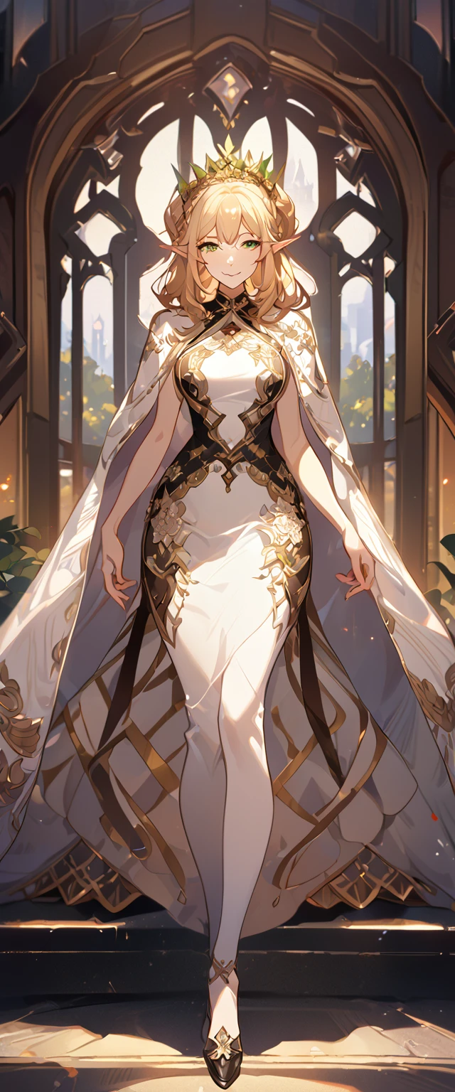 masterpiece, best quality, 8k ,4k , 1girl, elf queen, blond reddish hair, green eyes, big chest, gold wreath crown, hair ornament, finely detailed eyes and detailed face, looking at viewer, white sleeveless, Lace dress, patterned clothes, gold embroidery clothes, meticulous clothes, mature clothes, transparent cape with lace, majestic looks, smiling gently, small bird, full body, inspired by Asukaziye artist : ask, art style : ask