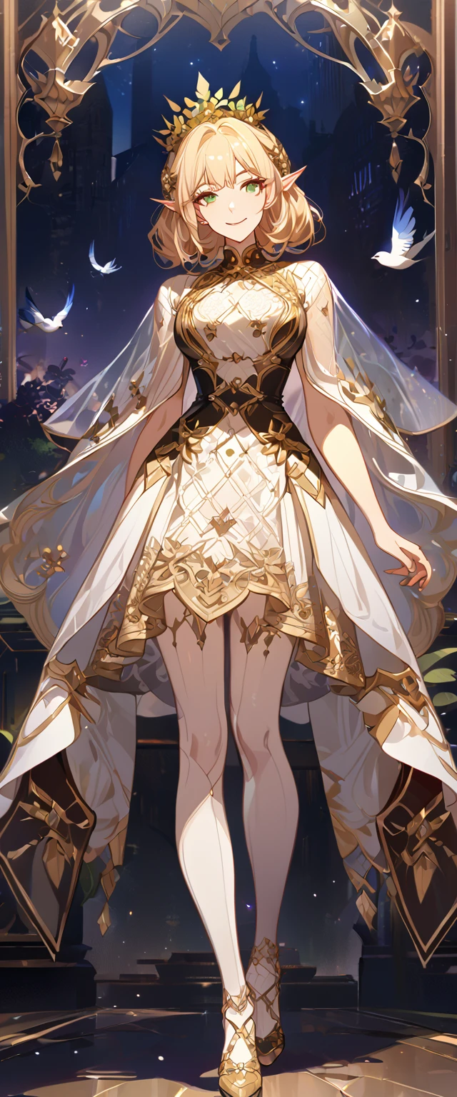 masterpiece, best quality, 8k ,4k , 1girl, elf queen, blond reddish hair, green eyes, big chest, gold wreath crown, hair ornament, finely detailed eyes and detailed face, looking at viewer, white sleeveless, Lace dress, patterned clothes, gold embroidery clothes, meticulous clothes, mature clothes, transparent cape with lace, majestic looks, smiling gently, small bird, full body, inspired by Asukaziye artist : ask, art style : ask