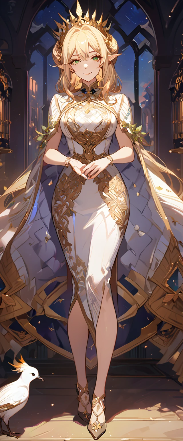 masterpiece, best quality, 8k ,4k , 1girl, elf queen, blond reddish hair, green eyes, big chest, gold wreath crown, hair ornament, finely detailed eyes and detailed face, looking at viewer, white sleeveless, Lace dress, patterned clothes, gold embroidery clothes, meticulous clothes, mature clothes, transparent cape with lace, majestic looks, smiling gently, small bird, full body, inspired by Asukaziye artist : ask, art style : ask