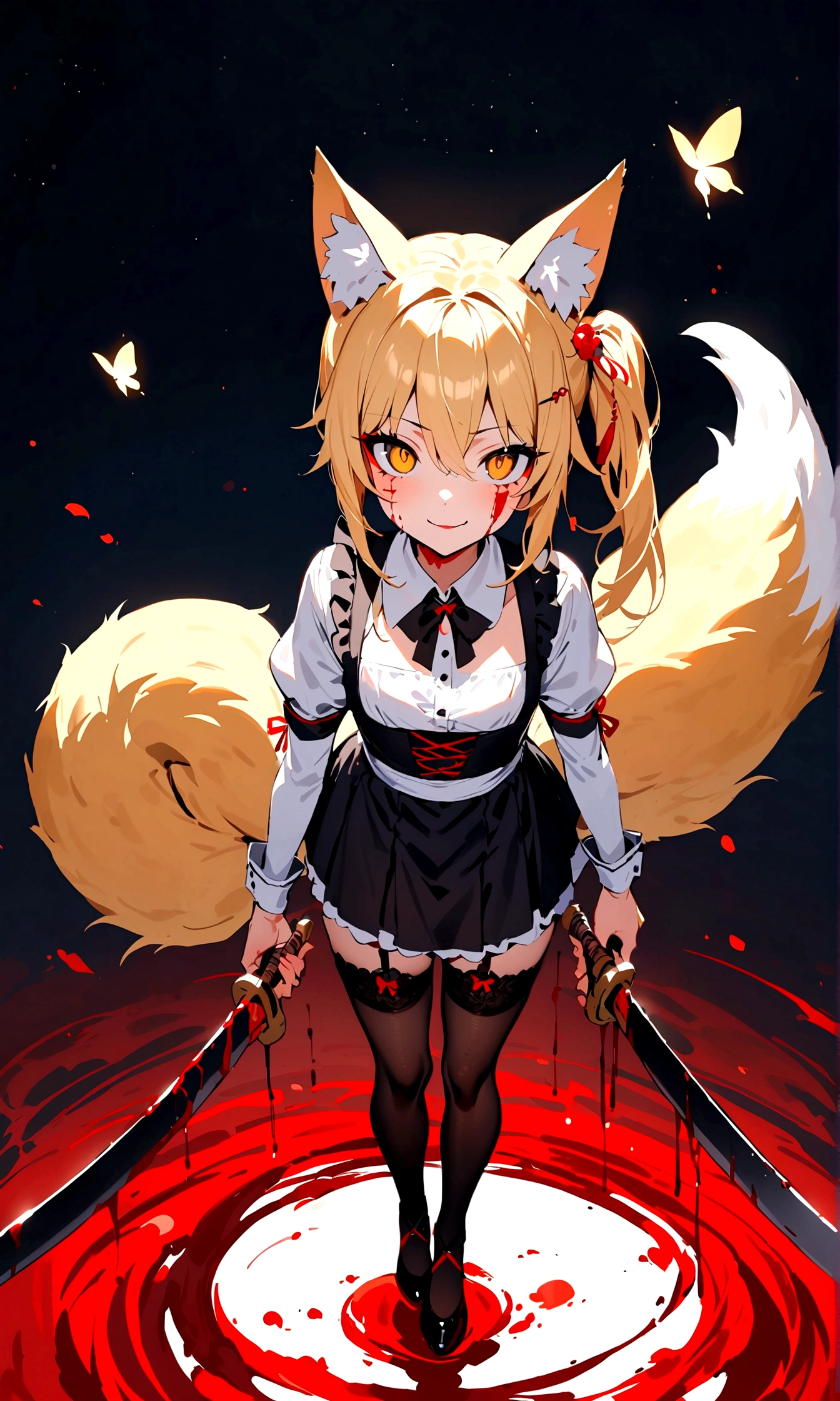 (masterpiece, best quality) junior,1girl,detailed, (beautiful,small breasts), blonde,long hair, side ponytail(tied to the left),Hairpin decoration with gold butterfly, elegant, (fox ears),nine tailed fox tail, red eyeshadow, golden eyes, femur，dark night sky,girl,yandere eyes,bloody face,피묻은 Maid복,Maid,white shirt,Black Skirt,Black stockings,Garter belt stockings,Bloody(blood on fullbody),bloody dagger,ninja rope,holding weapon,holding the hilt of a sword,evil smile