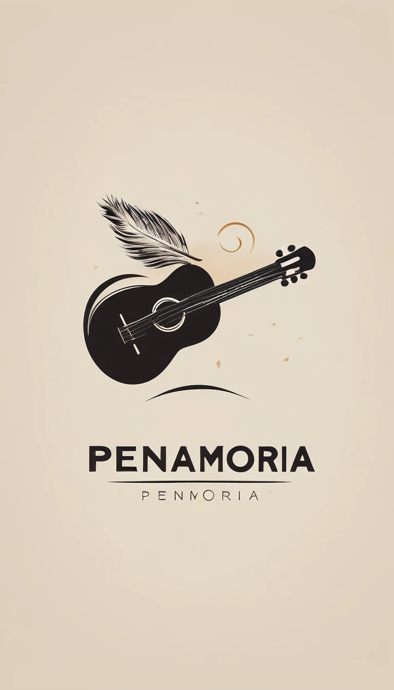 A minimal, modern, simple, cinematic logotype for the brand “Penamemoria". The logotype must be a simple, magical feather and a boy playing acoustic guitar. The logo must convey a sense of music, stories and dreams. Logo design impressed on a book cover. Minimalistic logo   
