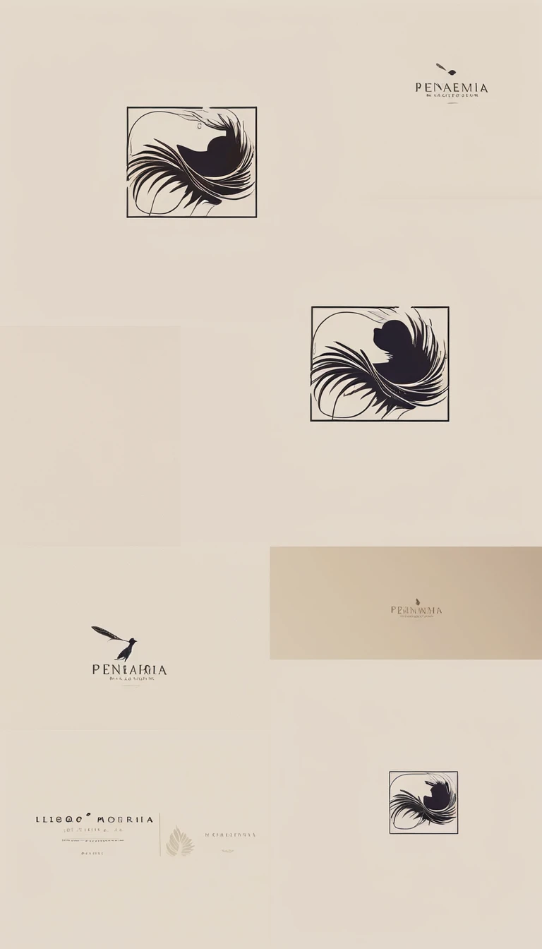 A minimal, modern, simple, cinematic logotype for the brand “Penamemoria". The logotype must be a simple, magical feather and a boy playing acoustic guitar. The logo must convey a sense of music, stories and dreams. Logo design impressed on a book cover. Minimalistic logo   