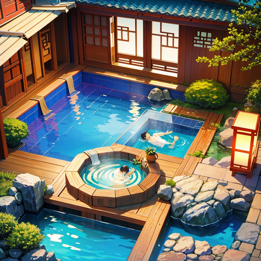 Warm Chinese-style bedroom with hot spring pool