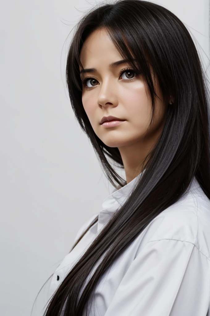 A woman of 40, looking ahead, sad face, long dark hair, White background, anime drawing.
