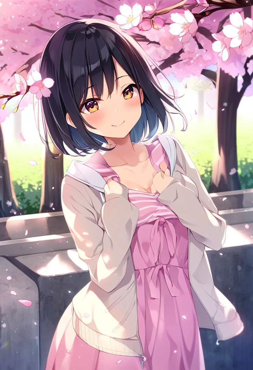 Nakano　Ichika、Black Hair、アシンメトリーShort Hair、Short Hair、smile、blush、beauty、Less exposed skin、cherry blossoms、Cute clothes、casual、Jacket、dress、One Girl、chest　A Cup