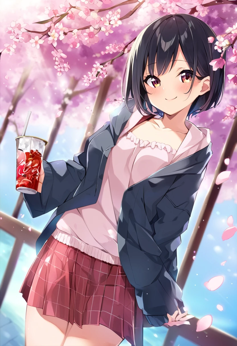 Nakano Ichika、Black Hair、アシンメトリーShort Hair、Short Hair、smile、blush、beauty、Less exposed skin、cherry blossoms、Cute clothes、casual、Jacket、dress、One Girl、chest A Cup