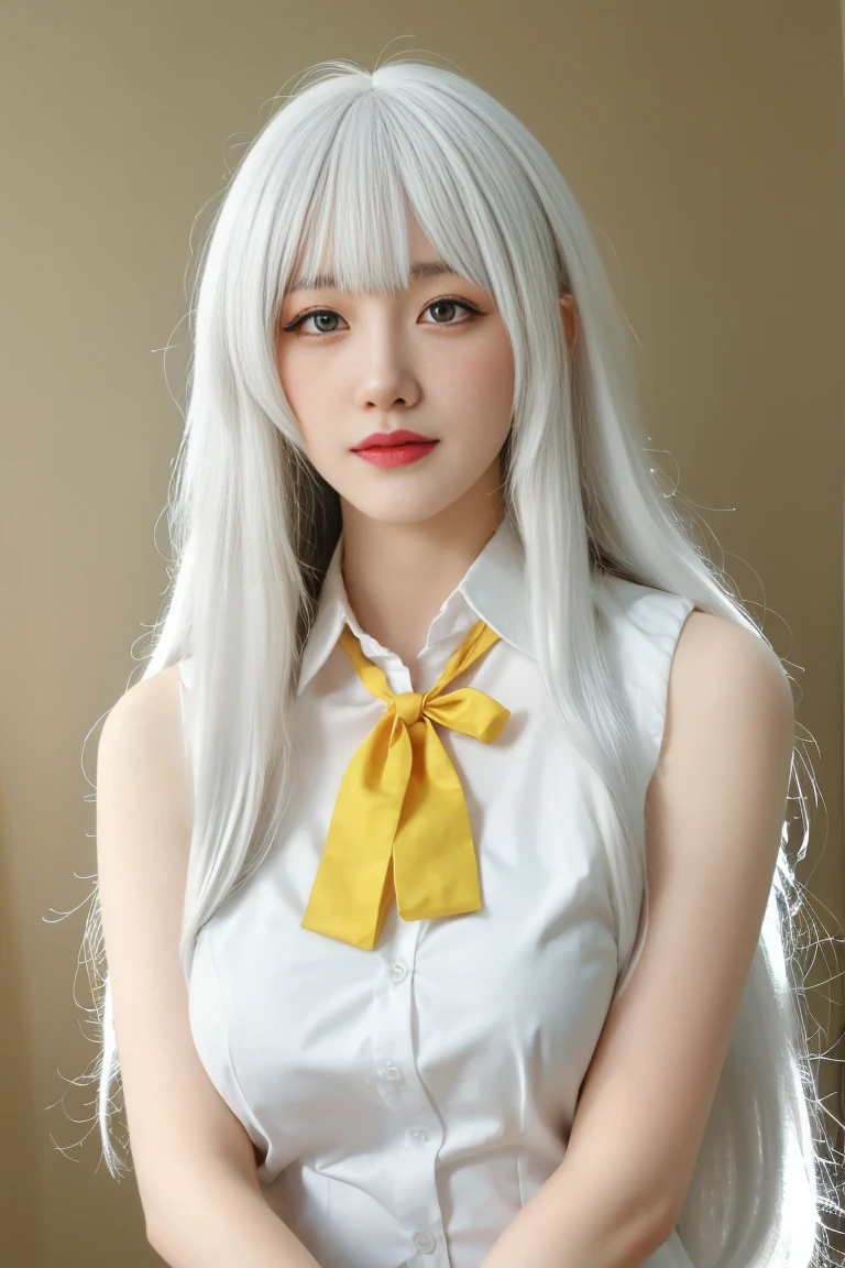 best quality, tmasterpiece,Ultra-high resolution,Clear face,（Reality：1.4），ferpect lighting，(upper body), (photorealistic:1.50), anime wallpaper, Guviz style artwork, cover-up fantasy up to magic , by Yang J, Guviz, beautiful artwork illustration, beautiful digital artwork, beautiful digital illustration, Li Song, beautiful anime portrait, art style in Beauvot, 1girl, 独奏, long hair, hair ribbon, (white hair:1.5), bangs, purple eyes, double eyelids, blush, Red cheeks, Sleeveless uniform, School uniforms, Butterfly ribbon, Yellow tie, Short skirt, (medium breast:1.5), shagging breasts, Cleavage, indoor, room, standing, Sleeveless,