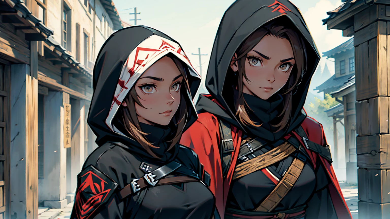 1 female, medium length brown hair with widows peak, hazel eyes, wearing all black, assassins creed shinobi with hood up, tanto