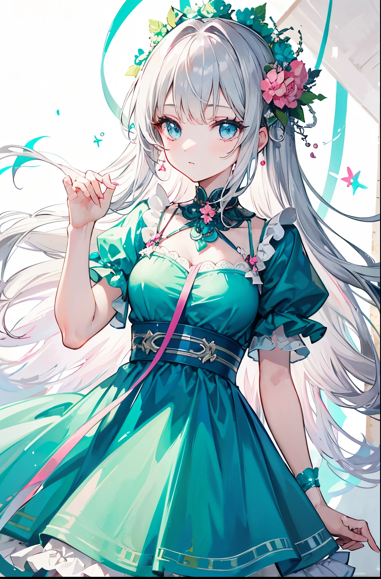 Bright milky silver and bright light green color,A very beautiful dress,Youthful Beautiful Girl,Bright light pink decoration,blue eyes,Clear and soft glossy