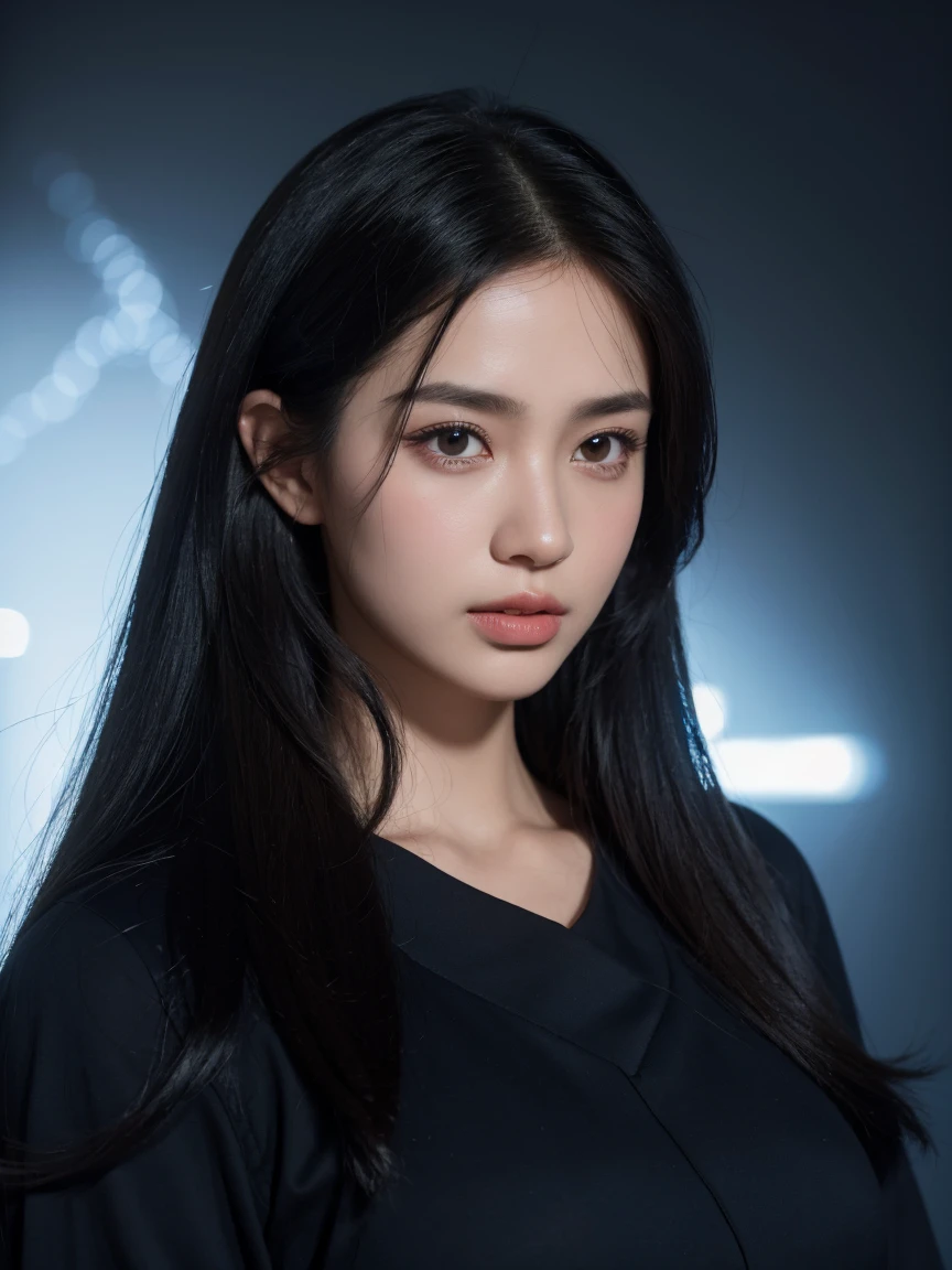 navy blue background, (best quality,4k,8k,highres,masterpiece,ultra-detailed), elegant portrait, beautiful detailed eyes, beautiful detailed lips, photography ,low lightning, portrait ,black hair, natural long hair, 28 years old, full dress, closed mouth, no teeth showing, real textured skin, body facing camera, showing hands, perfect hands, dark photo, far view, pakaian tertutup, close up photo
