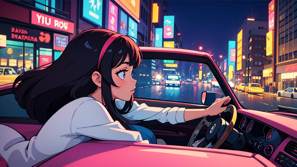 Create a CG anime-style illustration of a very beautiful woman from the 1980s, driving through a nighttime cityscape. The woman should have an elegant and glamorous look typical of the 80s, with styled hair and fashionable clothing. Capture her side profile from inside the car, showing her focused expression as she drives. The cityscape outside should be illuminated with neon lights and reflections, creating a vibrant, bustling atmosphere. Use rich, saturated colors to enhance the retro aesthetic and make the scene visually striking. The overall vibe should be a blend of nostalgic charm and modern sophistication, perfect for an engaging and eye-catching image.