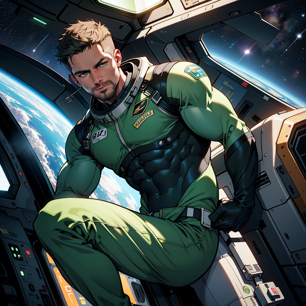 32k,masterpiece, best quality, detailed face, natural eyes,1man, solo mature man, muscled and mature, stephen amell as an astronaut wearing future space suit, dark green suit, showing muscles and bulge ,floating in the space inside a space shuttle , with "arrow" text and logo on his suit ,  full body, intricate Detailed background 