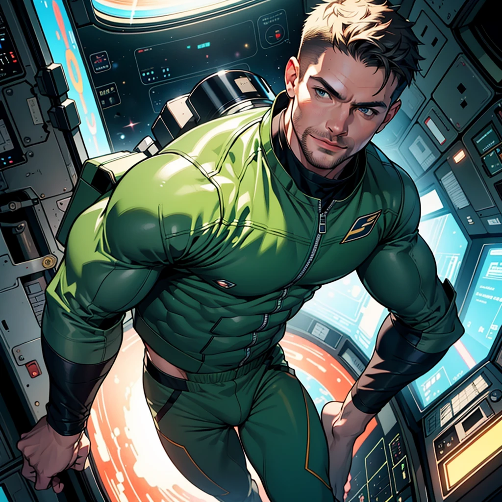 32k,masterpiece, best quality, detailed face, natural eyes,1man, solo mature man, muscled and mature, stephen amell as an astronaut wearing future space suit, dark green suit, showing muscles and bulge ,floating in the space inside a space shuttle , with "arrow" text and logo on his suit , full body, intricate Detailed background