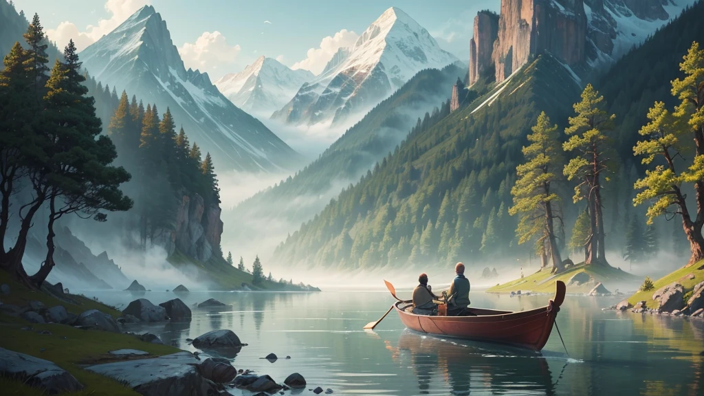 This photo shows a mountain landscape with towering mountain ranges shrouded in mist. In this landscape there is a still river or lake, with a small boat and two people rowing it. Around there are ancient trees with colorful leaves, creating a very peaceful and dreamy scene. The painting is in the style of traditional Chinese art, with sophistication in every detail and harmonious colors.