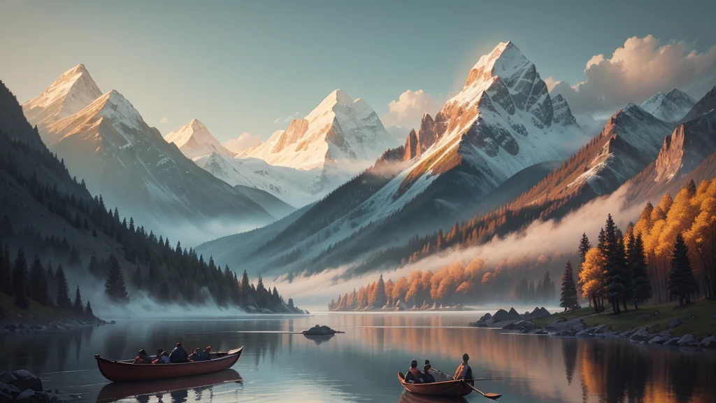 This photo shows a mountain landscape with towering mountain ranges shrouded in mist. In this landscape there is a still river or lake, with a small boat and two people rowing it. Around there are ancient trees with colorful leaves, creating a very peaceful and dreamy scene. The painting is in the style of traditional Chinese art, with sophistication in every detail and harmonious colors.