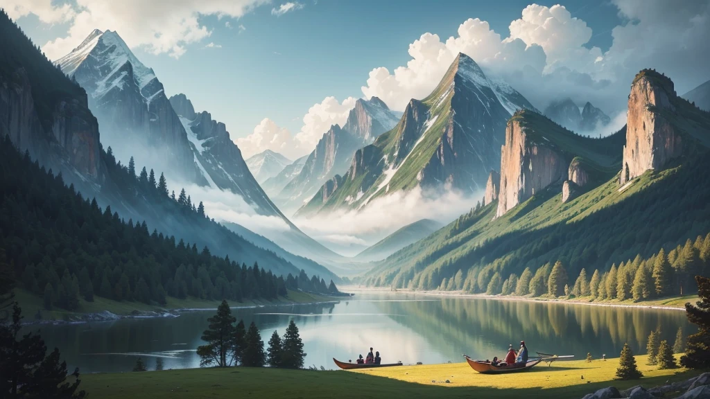 This photo shows a mountain landscape with towering mountain ranges shrouded in mist. In this landscape there is a still river or lake, with a small boat and two people rowing it. Around there are ancient trees with colorful leaves, creating a very peaceful and dreamy scene. The painting is in the style of traditional Chinese art, with sophistication in every detail and harmonious colors.