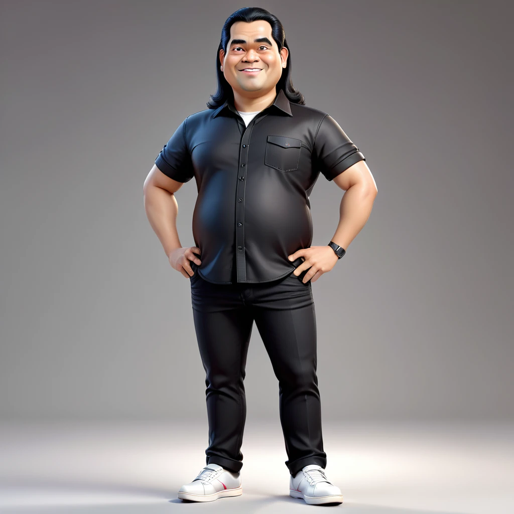 5D caricature of a big head, a tall Indonesian man, a cellphone technician, shoulder length black hair, wearing a black shirt, black pants and white shoes, hands on hips gesture. Very realistic image, 3D, Uhd, 16K, good and natural lighting.