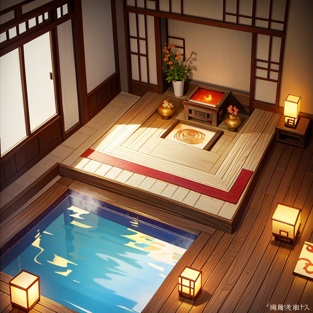 Warm Chinese style bedroom interior scene with hot spring pool