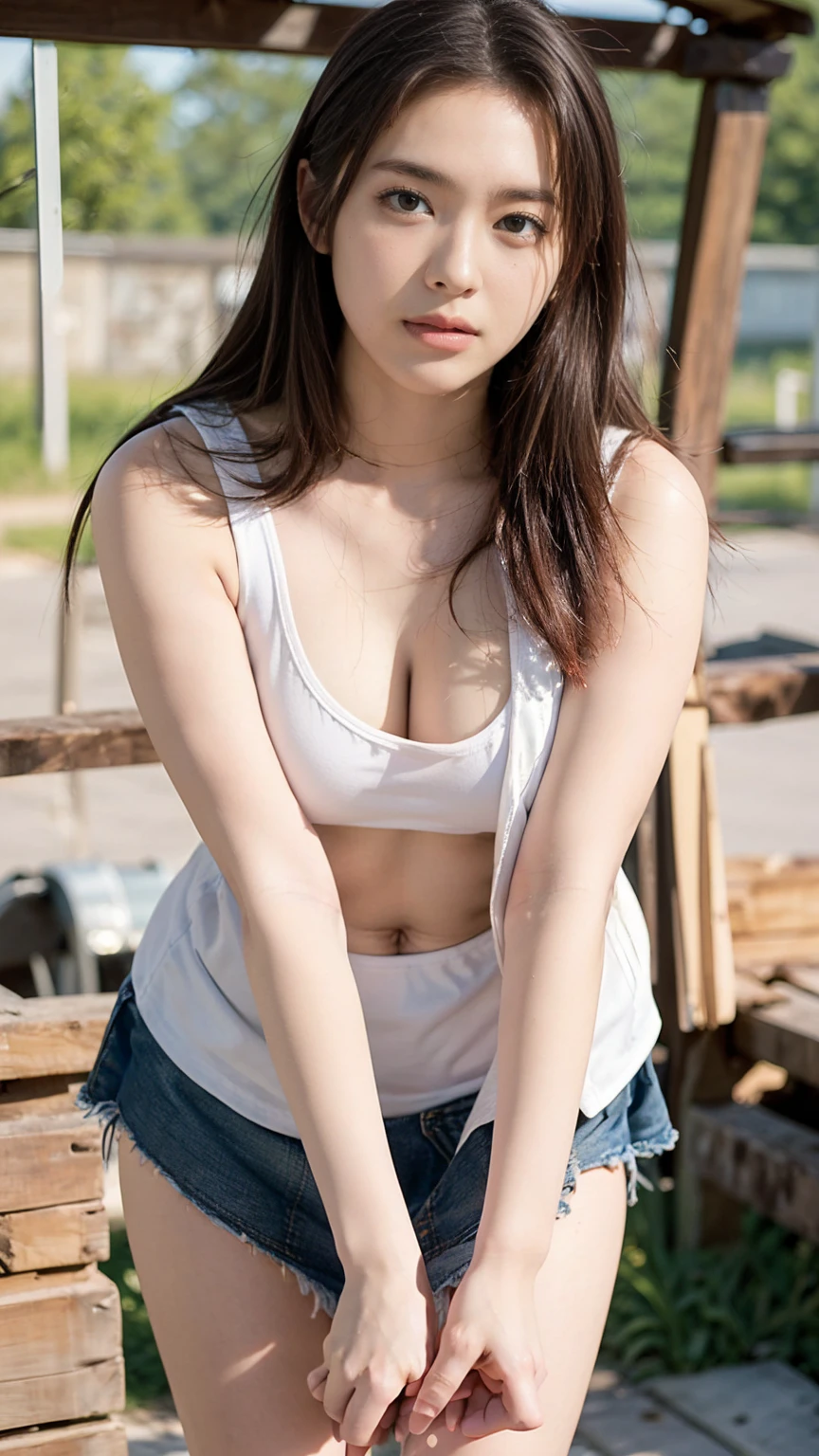Open shirt, (((Leaning forward))), ((,Round face, Around ,mini skirt、A loose-fitting tank top)),  Long Hair, , Natural Makeup, Lips become thicker, Sexy Gaze, barefoot, ((Raise one leg)),  Shooting from below,Gentle expression ,((Extremely precise and accurate anatomy)),  (masterpiece:1.43), Perfect proportions, Realistic photos, Full Shot, whole body, 