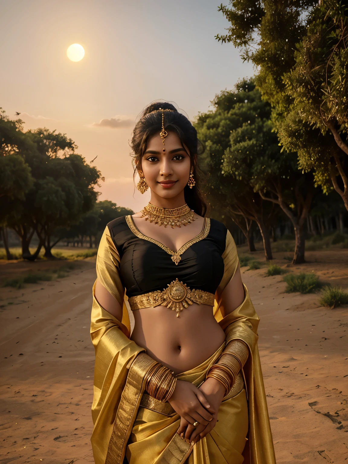 late evening scenario, photoshoot, beautiful 20 yo Tamil girl (shy smirk:1.4), facing the camera, in a black designer saree, golden half sleeve blouse, petticoat, leaning against a rock in the seashore, glowing flawless skin, holding saree mundhanai on her right hand above her head, showing front bodice round deep navel cleavage armpits, golden bangles, waist chain, gold pendant thin necklace, earrings, ponytail, show full body in the image, wide angle, long shot, meticulous detailing of face & eyes & nose & lips & anatomy & background, eyes symmetry, masterpiece, high quality, natural lighting cinematic effects, evening sky, vibrant colors, setting sun trees birds full moon people playing children in background, ornate, hyper maximalist, meticulous detailing of faces, hyper realistic background
