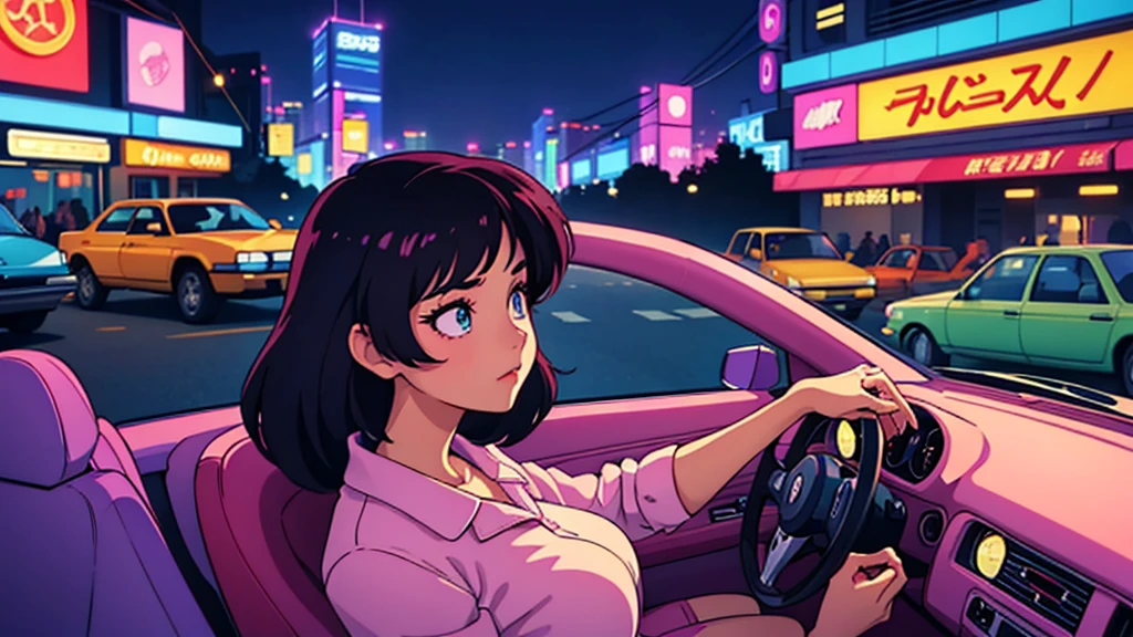 Create a CG anime-style illustration of a very beautiful woman from the 1980s, driving through a nighttime cityscape. The woman should have an elegant and glamorous look typical of the 80s, with styled hair and fashionable clothing. Capture her side profile from inside the car, showing her focused expression as she drives. The cityscape outside should be illuminated with neon lights and reflections, creating a vibrant, bustling atmosphere. Use rich, saturated colors to enhance the retro aesthetic and make the scene visually striking. The overall vibe should be a blend of nostalgic charm and modern sophistication, perfect for an engaging and eye-catching image.
