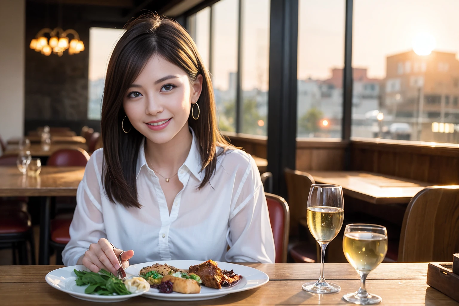 ((Highest quality、8K、masterpiece:1.3))、slimカップル、modelカップル、(Realistic, Intricate details:1.2), full-course dinner、Wine Party、Amazing view of the sunset sky and clouds、A bright smile、The wonderfulness of smile、Bright image、The beauty of wine, Beautiful Face, blue eyes, The light shines on your face, Blushing, short hair,Bright Face、 (Age 37), 39 years old, red wine 、Appetizers、Italian food、Wine bottle、Champagne、sparkling wine、Two beauties、Brown Hair、Shortcuts、Long sleeve shirt、dress、Beautiful woman 1, (slimな顔), (The body is slim), (Brown Hair), (Shortcuts), cheeks turn a little red,Attractive beauty、restaurant, In a prominent place (From the waist up) Nova Frog Style, actress, model, Upper Body, White wine, slim, wine glass, 中央に置かれたwine glass, smile, (smile: 1.15), Beautiful fine grain, Depth f/2,saturation, High Contrast, Strong light and shadow,Moist Body:1.5、3D texture、Delicate eyes、Brown Hair、The hair is very shiny、