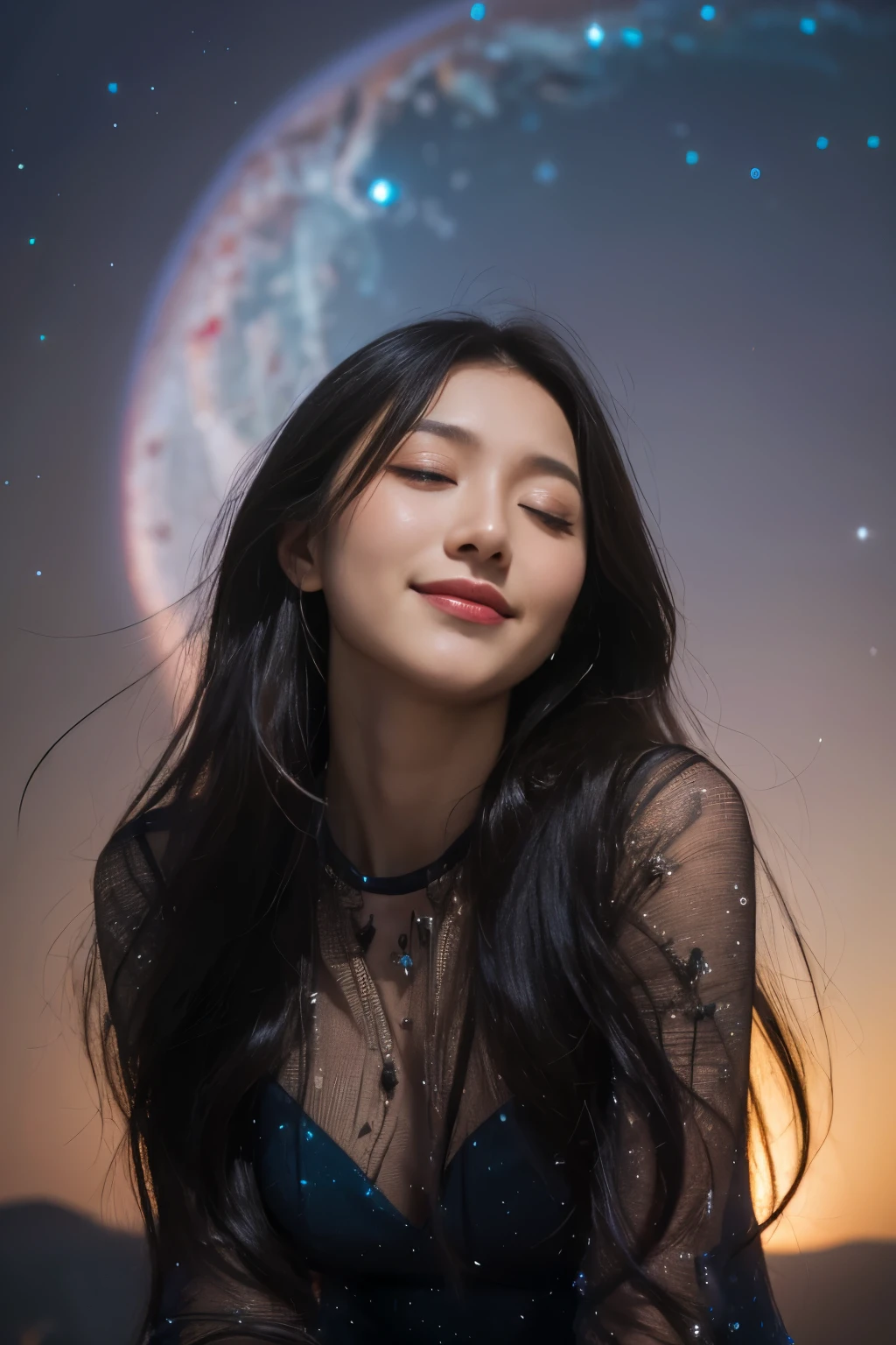 (best quality,4k,highres),beautiful girl with mesmerizing eyes,gorgeous galaxy viewing,sparkling stars,soft cosmic colors,ethereal atmosphere,peaceful serenity,celestial wonders,wonderful universe,stellar beauty,romantic stardust,celestial portrait,cosmic perspective,astounding cosmic art,galactic elegance,transcendent charm,celestial goddess,cosmic enchantment,cosmic girl admiring the magnificent galaxy,cosmic dreamworld,galactic reverie,cosmic masterpiece:1.2, full body, black long cosmic dress, standing, floating , black long hair, knee, smile, closed eyes