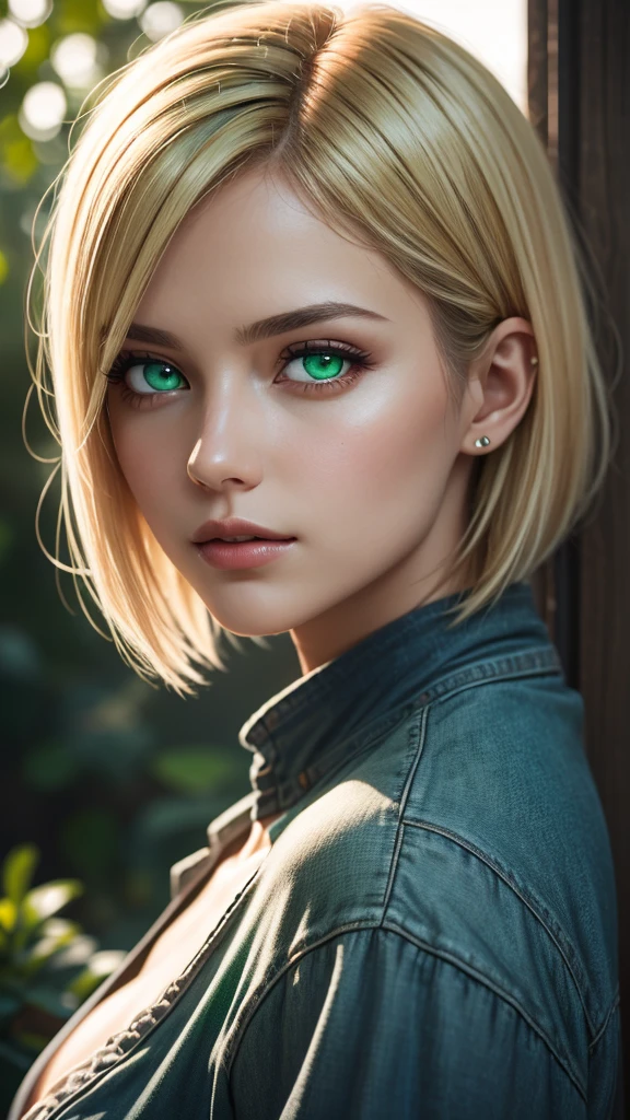 sexy woman, posing, voluminous breast, a 25 year old woman, divine face, beauty face, high detail, beauty lips, photorealistic, ultrarealistic, background, rtx on, Color Grading, Perspective, Depth of Field, Field of View, Tonal Colors, 8K, Full-HD, Perfectionism, Rim Lighting, Natural Lighting, Soft Lighting, Accent Lighting, Diffraction Grading, hot woman , super detailed, (( Detailed beautiful green eyes )) , blonde hair , short hair, ( casual clothes ), face portrait, look forward