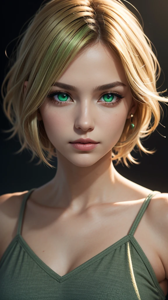 sexy woman, posing, voluminous breast, a 25 year old woman, divine face, beauty face, high detail, beauty lips, photorealistic, ultrarealistic, background, rtx on, Color Grading, Perspective, Depth of Field, Field of View, Tonal Colors, 8K, Full-HD, Perfectionism, Rim Lighting, Natural Lighting, Soft Lighting, Accent Lighting, Diffraction Grading, hot woman , super detailed, (( Detailed beautiful green eyes )) , blonde hair , short  hair, ( casual clothes ), face portrait, look forward