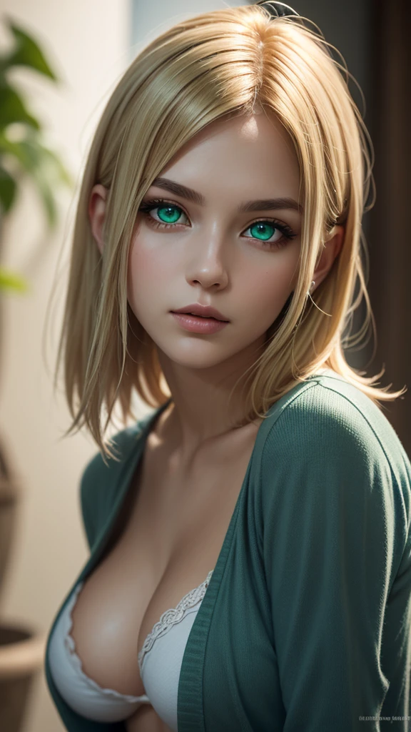 sexy woman, posing, voluminous breast, a 25 year old woman, divine face, beauty face, high detail, beauty lips, photorealistic, ultrarealistic, background, rtx on, Color Grading, Perspective, Depth of Field, Field of View, Tonal Colors, 8K, Full-HD, Perfectionism, Rim Lighting, Natural Lighting, Soft Lighting, Accent Lighting, Diffraction Grading, hot woman , super detailed, (( Detailed beautiful green eyes )) , blonde hair , short hair, ( casual clothes ), face portrait, look forward