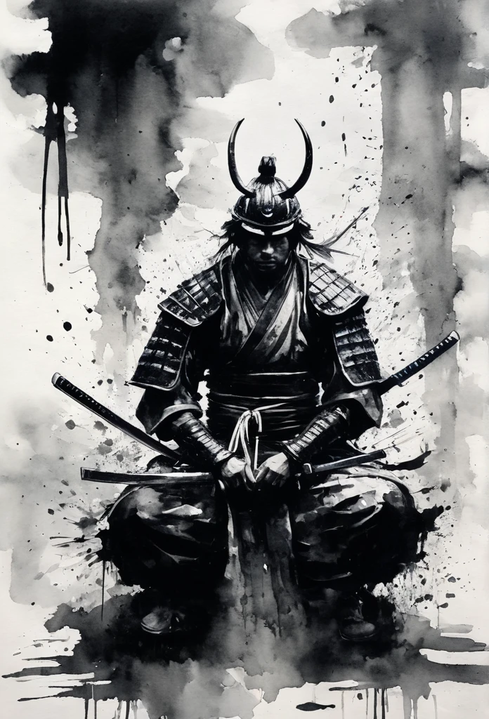 Black and white painting,Ink Painting,splash,Mamba Hair,samurai armor,sitting cross-legged,seppuku,disembowelment,