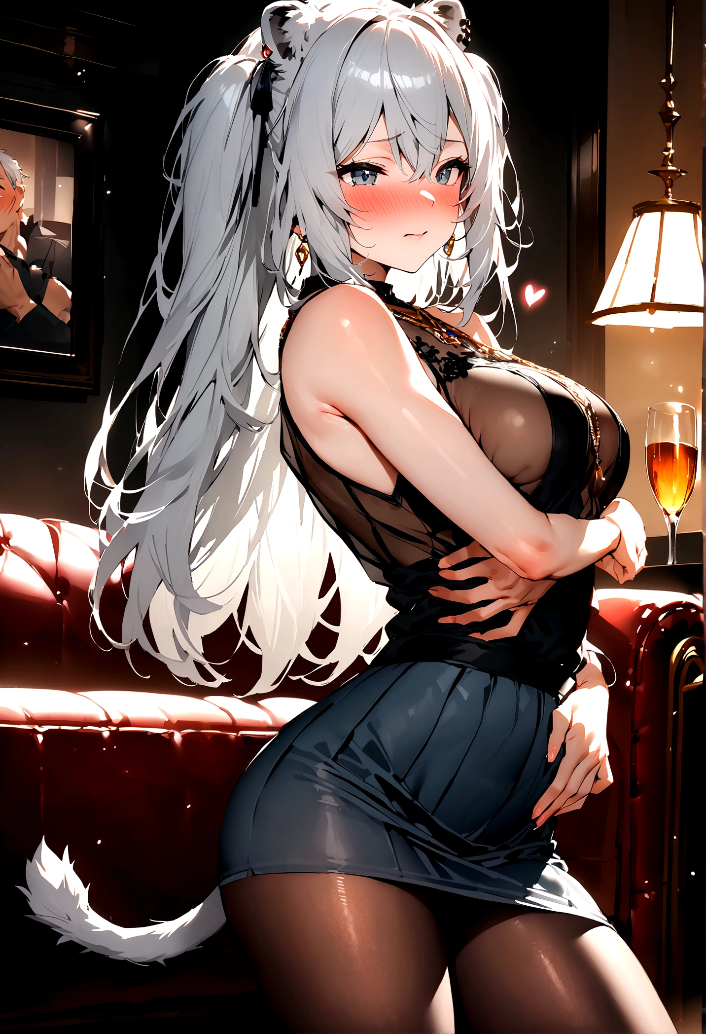 NSFW,masterpiece,Highest quality,High resolution,Super detailed,Shishirabotan\(Hololive\),Long Hair、Two Side Up、Earrings、Lion&#39;s Tail,necklace、Black Shirt、Sleeveless shirt、abdomen、See-through、Grey Skirt、片足pantyhose、pantyhose、Off the shoulder,Black sexy panties,Embarrassed,blush,Luxurious Room,pub,Private room,sofa,(Drunk),(Intoxication),heart,Sexy pose,Panty shot,(Middle-aged men),(A man puts his hands on her waist and hugs her),Deep kissing,From the side