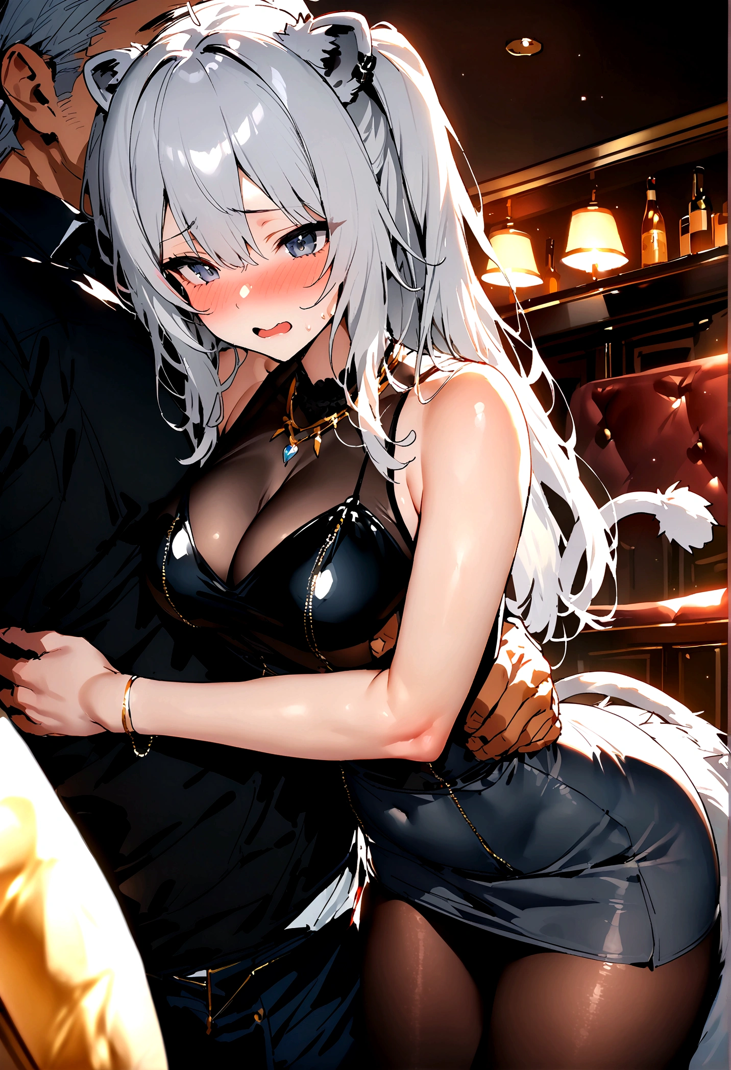 NSFW,masterpiece,Highest quality,High resolution,Super detailed,Shishirabotan\(Hololive\),Long Hair、Two Side Up、Earrings、Lion&#39;s Tail,necklace、Black Shirt、Sleeveless shirt、abdomen、See-through、Grey Skirt、片足pantyhose、pantyhose、Off the shoulder,Black sexy panties,Embarrassed,blush,Luxurious Room,pub,Private room,sofa,(Drunk),(Intoxication),heart,Sexy pose,Panty shot,(Middle-aged men),(A man puts his hands on her waist and hugs her),Deep kissing,From the side