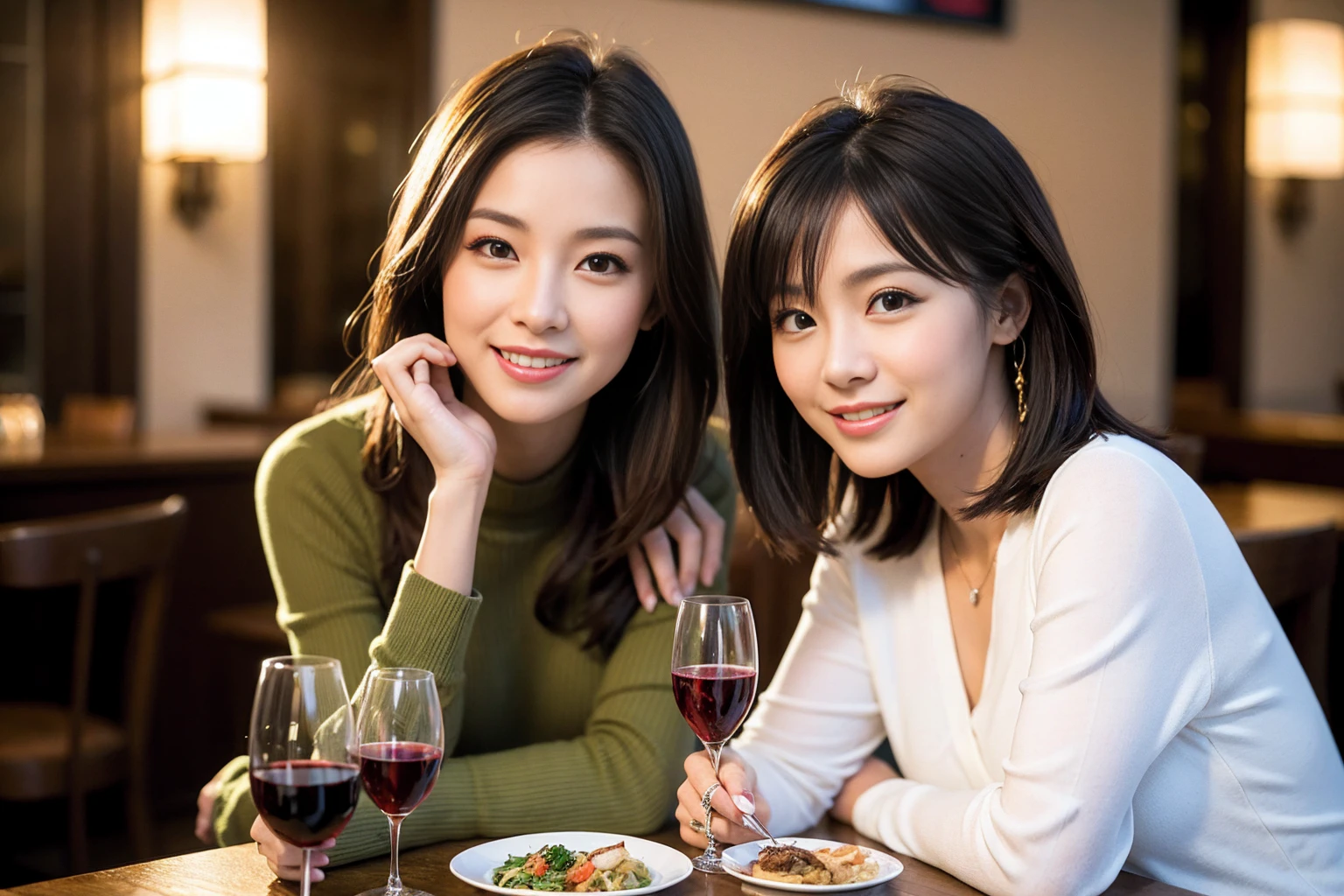 ((Highest quality、8K、masterpiece:1.3))、slimカップル、modelカップル、(Realistic, Intricate details:1.2), full-course dinner、Wine Party、Amazing view of the sunset sky and clouds、A bright smile、The wonderfulness of smile、Bright image、The beauty of wine, Beautiful Face, blue eyes, The light shines on your face, Blushing, short hair,Bright Face、 (Age 37), 39 years old, red wine 、Appetizers、Italian food、Wine bottle、Champagne、sparkling wine、Two beauties、Brown Hair、Shortcuts、Long sleeve shirt、dress、Beautiful woman 1, (slimな顔), (The body is slim), (Brown Hair), (Shortcuts), cheeks turn a little red,Attractive beauty、restaurant, In a prominent place (From the waist up) Nova Frog Style, actress, model, Upper Body, White wine, slim, wine glass, 中央に置かれたwine glass, smile, (smile: 1.15), Beautiful fine grain, Depth f/2,saturation, High Contrast, Strong light and shadow,Moist Body:1.5、3D texture、Delicate eyes、Brown Hair、The hair is very shiny、