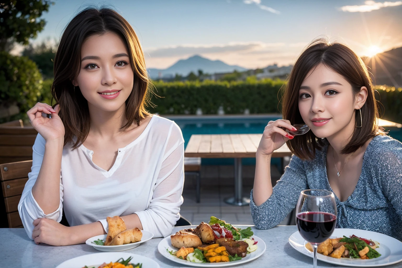 ((Highest quality、8K、masterpiece:1.3))、slimカップル、modelカップル、(Realistic, Intricate details:1.2), full-course dinner、Wine Party、Amazing view of the sunset sky and clouds、A bright smile、The wonderfulness of smile、Bright image、The beauty of wine, Beautiful Face, blue eyes, The light shines on your face, Blushing, short hair,Bright Face、 (Age 37), 39 years old, red wine 、Appetizers、Italian food、Wine bottle、Champagne、sparkling wine、Two beauties、Brown Hair、Shortcuts、Long sleeve shirt、dress、Beautiful woman 1, (slimな顔), (The body is slim), (Brown Hair), (Shortcuts), cheeks turn a little red,Attractive beauty、restaurant, In a prominent place (From the waist up) Nova Frog Style, actress, model, Upper Body, White wine, slim, wine glass, 中央に置かれたwine glass, smile, (smile: 1.15), Beautiful fine grain, Depth f/2,saturation, High Contrast, Strong light and shadow,Moist Body:1.5、3D texture、Delicate eyes、Brown Hair、The hair is very shiny、