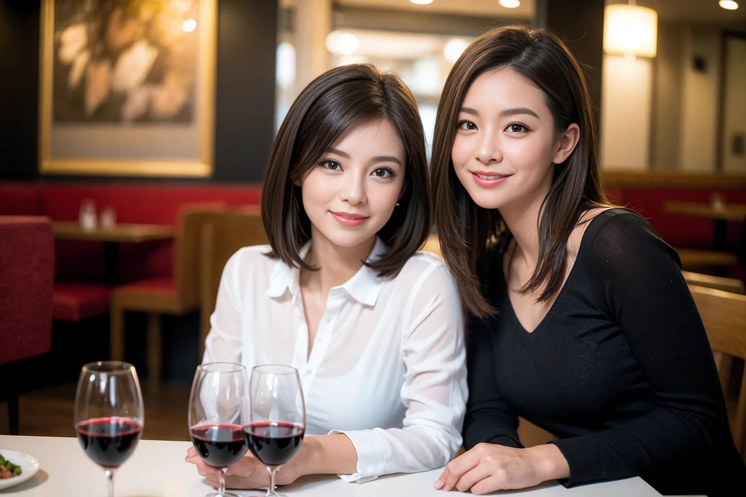 ((Highest quality、8K、masterpiece:1.3))、slimカップル、modelカップル、(Realistic, Intricate details:1.2), full-course dinner、Wine Party、Amazing view of the sunset sky and clouds、A bright smile、The wonderfulness of smile、Bright image、The beauty of wine, Beautiful Face, blue eyes, The light shines on your face, Blushing, short hair,Bright Face、 (Age 37), 39 years old, red wine 、Appetizers、Italian food、Wine bottle、Champagne、sparkling wine、Two beauties、Brown Hair、Shortcuts、Long sleeve shirt、dress、Beautiful woman 1, (slimな顔), (The body is slim), (Brown Hair), (Shortcuts), cheeks turn a little red,Attractive beauty、restaurant, In a prominent place (From the waist up) Nova Frog Style, actress, model, Upper Body, White wine, slim, wine glass, 中央に置かれたwine glass, smile, (smile: 1.15), Beautiful fine grain, Depth f/2,saturation, High Contrast, Strong light and shadow,Moist Body:1.5、3D texture、Delicate eyes、Brown Hair、The hair is very shiny、
