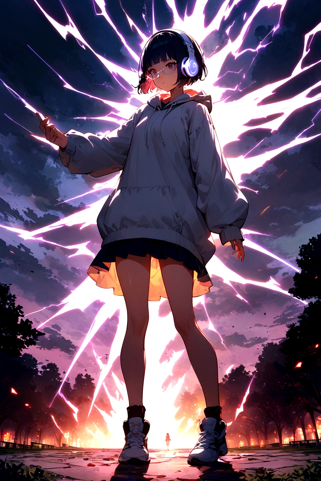 (extremely detailed fine touch:1.3), 1 girl, (((white semi-rimless eyewear:1.3))), (white headphone:1.2), short hair, blunt bangs, 1 girl, Full body, large park, hoodie, glistening skin, supernatural powers to strike lightning, thunder, electrified aura, charged atmosphere,