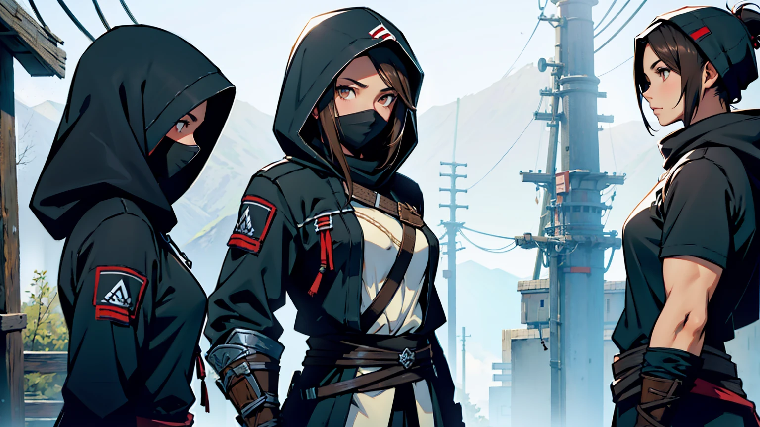 1 female, medium length brown hair, hazel eyes, wearing all black, assassins creed shinobi with hood up, 