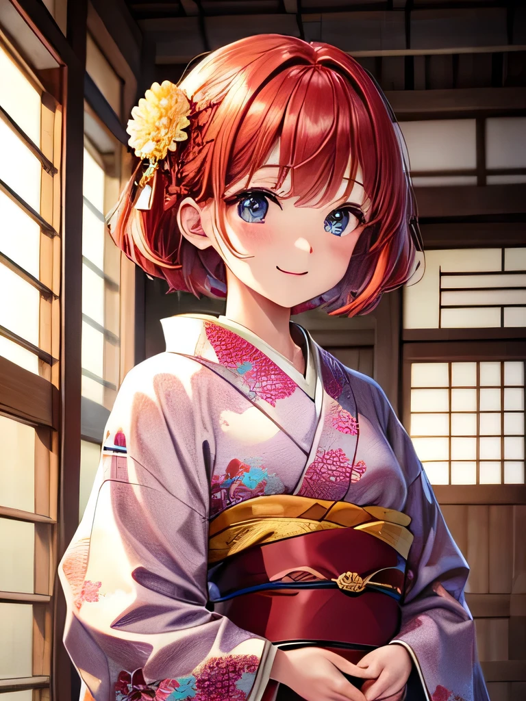 cute、Redhead、short hair、Japanese、Staring at this、Fleeting、masterpiece、Vivid、kimono、Laughter、kind、hair ornaments、turn around