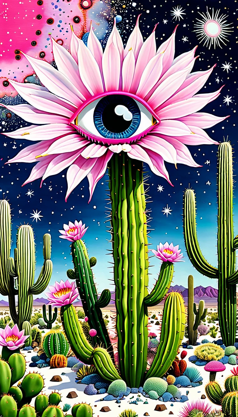 &quot;Dick Ellescas Artist Style&quot; Wide Desert，cactus，bacteria，Spore powder，Fungi，Marine Life，plant，flower，Tentacles，Eye、Starry Sky，Stitching together an abstract painting，Describing the inner world of autistic people，Sense of space，White Space，interesting，Innocence，Psychedelic Art，Pink theme