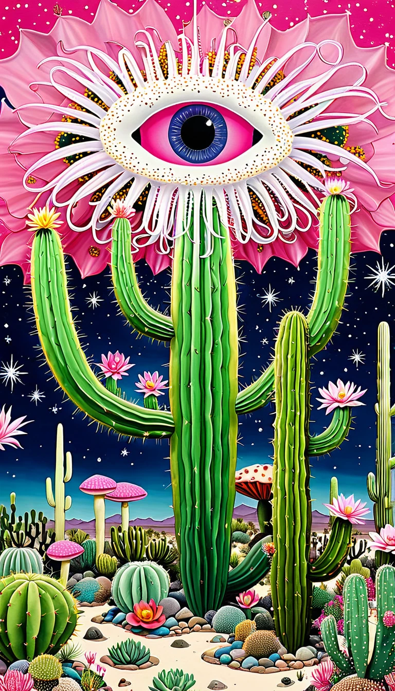 "Dick Ellescas Artist Style" Wide Desert,cactus,bacteria,Spore powder,Fungi,Marine Life,plant,flower,Tentacles,Eye、Starry Sky,Stitching together an abstract painting,Describing the inner world of autistic people,Sense of space,White Space,interesting,Innocence,Psychedelic Art,Pink theme