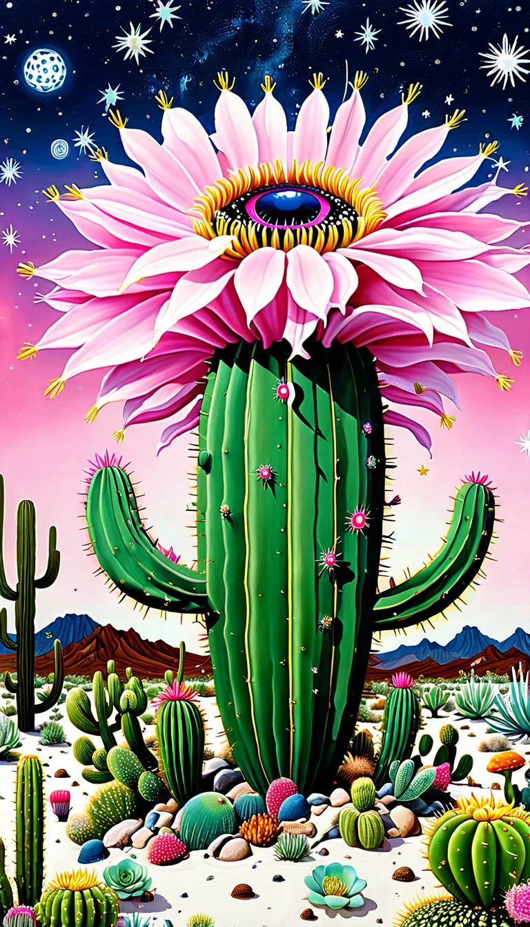 &quot;Dick Ellescas Artist Style&quot; Wide Desert，cactus，bacteria，Spore powder，Fungi，Marine Life，plant，flower，Tentacles，Eye、Starry Sky，Stitching together an abstract painting，Describing the inner world of autistic people，Sense of space，White Space，interesting，Innocence，Psychedelic Art，Pink theme